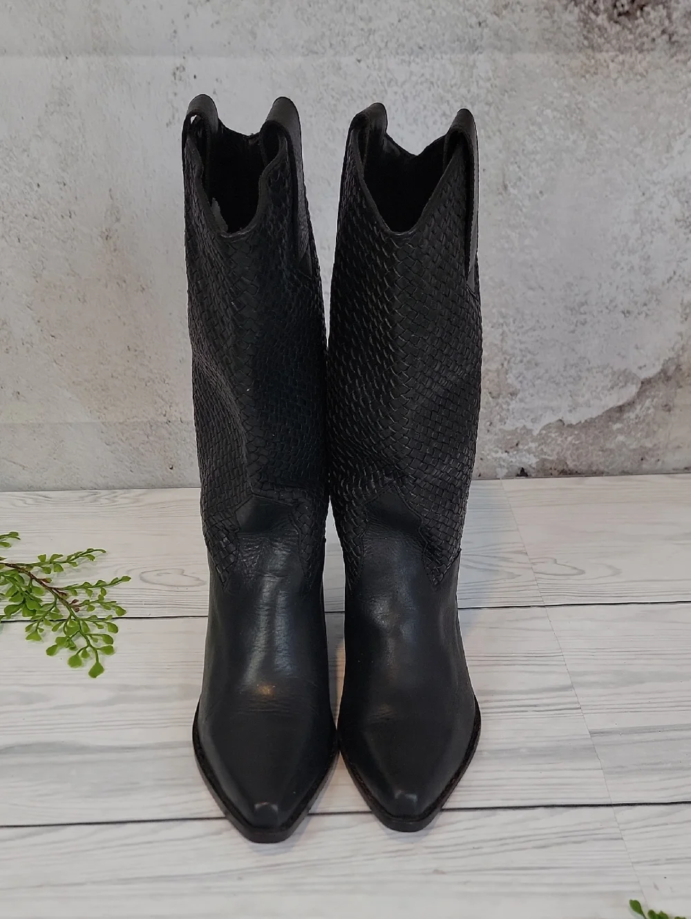 Unbranded Sample Black Woven Leather Mid-Calf Cowboy Boots - Women's Size 7